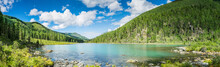 Panoramic View On Mountain Lake In Front Of Mountain Range, National Park In Altai Republic, Siberia, Russia