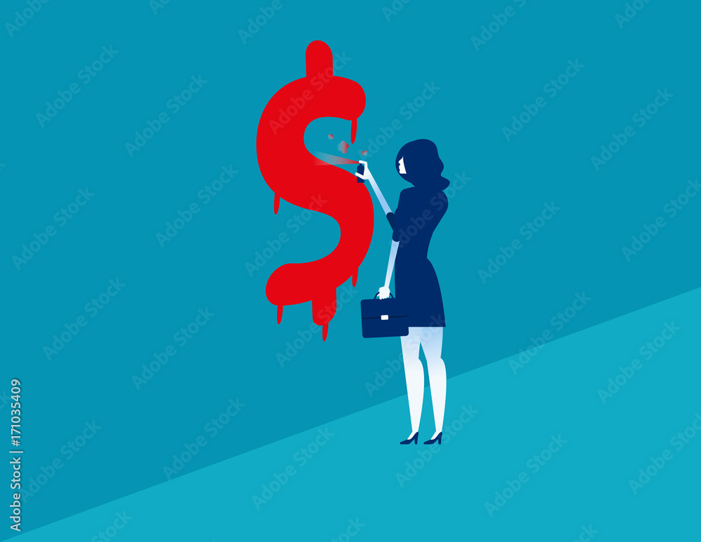 Businesswoman spraying dollar sign. Woman spraying graffiti of a dollar sign on wall. Concept business vector illustration.