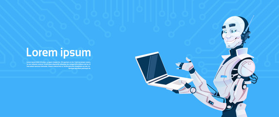 Modern Robot Using Laptop Computer, Futuristic Artificial Intelligence Mechanism Technology Flat Vector Illustration