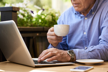 Wall Mural - Closeup image of unrecognizable senior man using laptop computer in cafe outdoors holding coffee cup