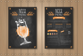 Wall Mural - Beer Menu Set Design For Restaurant Cafe Pub Chalked On Wooden Textured Background Vector Illustration