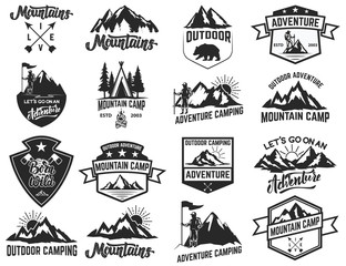 Wall Mural - set of camping emblems isolated on white background. hiking, tourism, outdoor adventure.