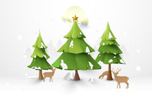 Merry Christmas Trees And Reindeer With Santa Claus Driving In A Sledge On Full Moon Illustration Background