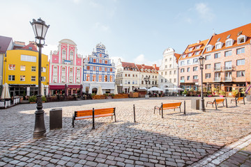 Wall Mural - View on the Market square with beautiful colorful buildings during the morning light in Szczecin city, Poland