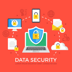 Wall Mural - data security flat illustration concept. laptop with shield and lock. creative flat icons set, thin 