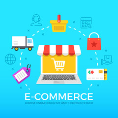 Wall Mural - e-commerce flat illustration concept. laptop with shopping cart. creative flat icons set, thin line 