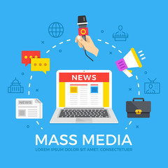 Wall Mural - mass media flat illustration concept. laptop with online news website. creative flat icons set, thin