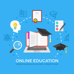 Wall Mural - online education flat illustration concept. laptop with book and graduation hat. creative flat icons