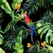 Seamless watercolor illustration of tropical leaves, dense jungle. Scarlet macaw parrot. Strelitzia reginae flower. Hand painted. Pattern with tropic summertime motif. Coconut palm leaves.