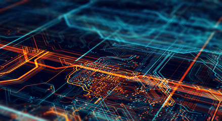 Fototapete - Printed circuit board in the server  executes the data/Abstract technological background made of different element printed circuit board. Depth of field effect and bokeh
