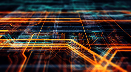 Fototapete - Printed circuit board in the server  executes the data/Abstract technological background made of different element printed circuit board. Depth of field effect.