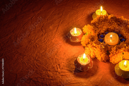 Diwali Decorations With Traditional Indian Oil Lamps And Marigold