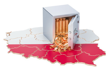 Poster - Safe box with golden coins on the map of Poland, 3D rendering