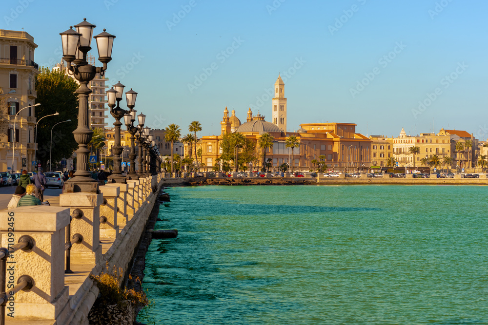 Panoramic view of Bari seafront in the background Basilica San Nicola. Apulia. - obrazy, fototapety, plakaty 