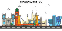 England, Bristol. City Skyline: Architecture, Buildings, Streets, Silhouette, Landscape, Panorama, Landmarks. Editable Strokes. Flat Design Line Vector Illustration Concept. Isolated Icons