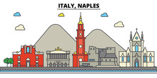 Italy, Naples. City Skyline: Architecture, Buildings, Streets, Silhouette, Landscape, Panorama, Landmarks. Editable Strokes. Flat Design Line Vector Illustration Concept. Isolated Icons