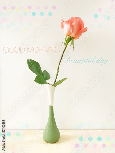 Red Rose In Green Vase Pastel Tone And Good Morning Beautiful Day