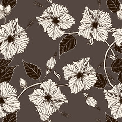 Sticker - Hibiscus flower vector pattern by hand drawing.Flower vintage wallpaper on brown background.Hibiscus flower 