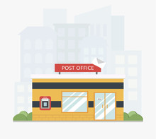 Yellow Post Office Service Building With A City Scape In The Background In Flat Style. ATM. Colored Vector Illustration.