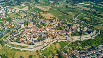 Wall Mural - Aerial top view of Carcassonne medieval city and fortress castle from above, Sourthern France
