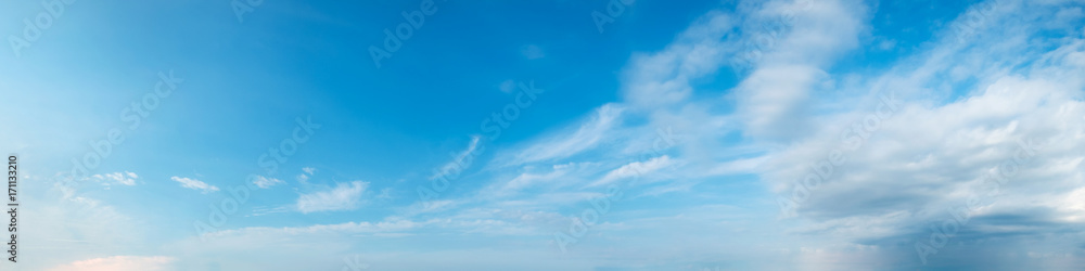 Vibrant color panoramic sky with cloud on a sunny day. Beautiful cirrus cloud. Panorama high resolution photograph. - obrazy, fototapety, plakaty 