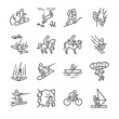 © antto - Travel activities line icon set. Included the icons as sailing, skiing, parachute, horse riding, biking, cycling and more.