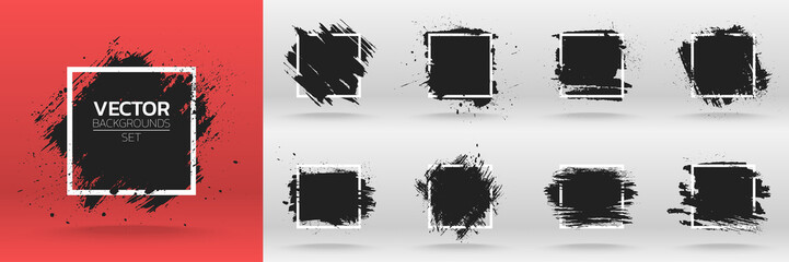 grunge backgrounds set. brush black paint ink stroke over square frame. vector illustration