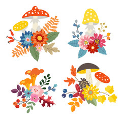 Wall Mural - Set of hand drawn bouquets made of mushrooms, colorful leaves and flowers. Autumn, fall floral composition. Isolated vector objects.