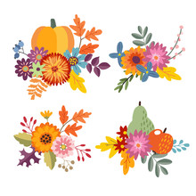 Set Of Hand Drawn Bouquets Made Of Pumpkin, Apple And Pear Fruit. Floral Composition With Colorful Leaves And Flowers. Autumn, Fall Concept. Isolated Vector Objects.