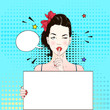 Pop Art Vintage advertising poster comic girl winks and holds a white banner calls for silence . Comic woman with speech bubble. Vector illustration