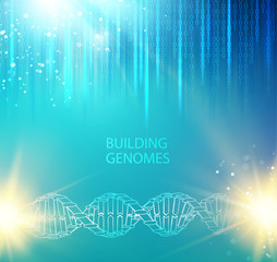 Wall Mural - Science abstract concept of bigdata binary code on blue background with DNA visualization. Vector illustration.