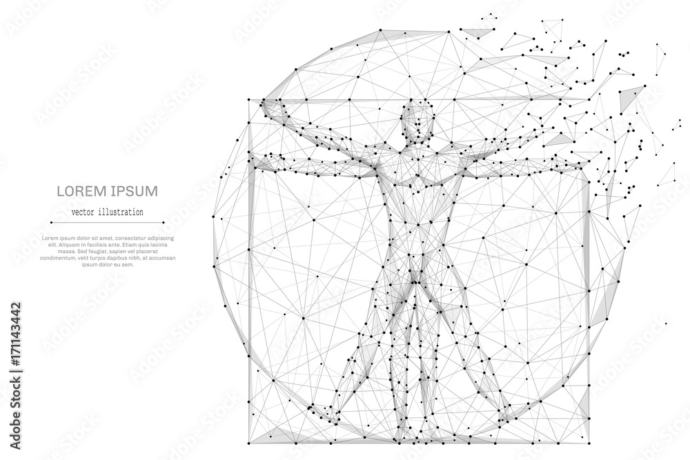 classic proportion man low poly wireframe. Abstract mash line and point origami on white background with an inscription. Starry sky or space, consisting of stars and the universe. Vector illustration - obrazy, fototapety, plakaty 