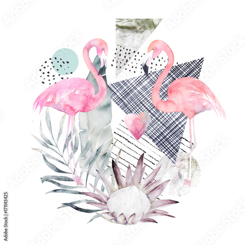 Abstract geometric poster with flamingo and protea. Summer tropical design. H...