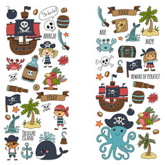 Vector seamless pattern Pirate party for children Kindergarten Kids children drawing style illustration Picutre with pirate, whale, treasure island, treasure map, skulls, flag, ship Birthday party