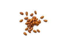 Beautiful Pile Of Roasted Organic Almonds With The Peel Isolated On A White Background. Horizontal Composition. Top View