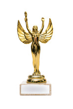 Gold Award Statuette Made As A Woman With Wings And Arms Raised Up And With Torch. Golden Angel, Symbol Of Freedom. Award Isolated On White.