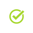 Checkmark checkbox check mark icon vector symbol, confirm tick box green isolated on white background, round circle checked poll vote icon logo correct choice sign pictogram image