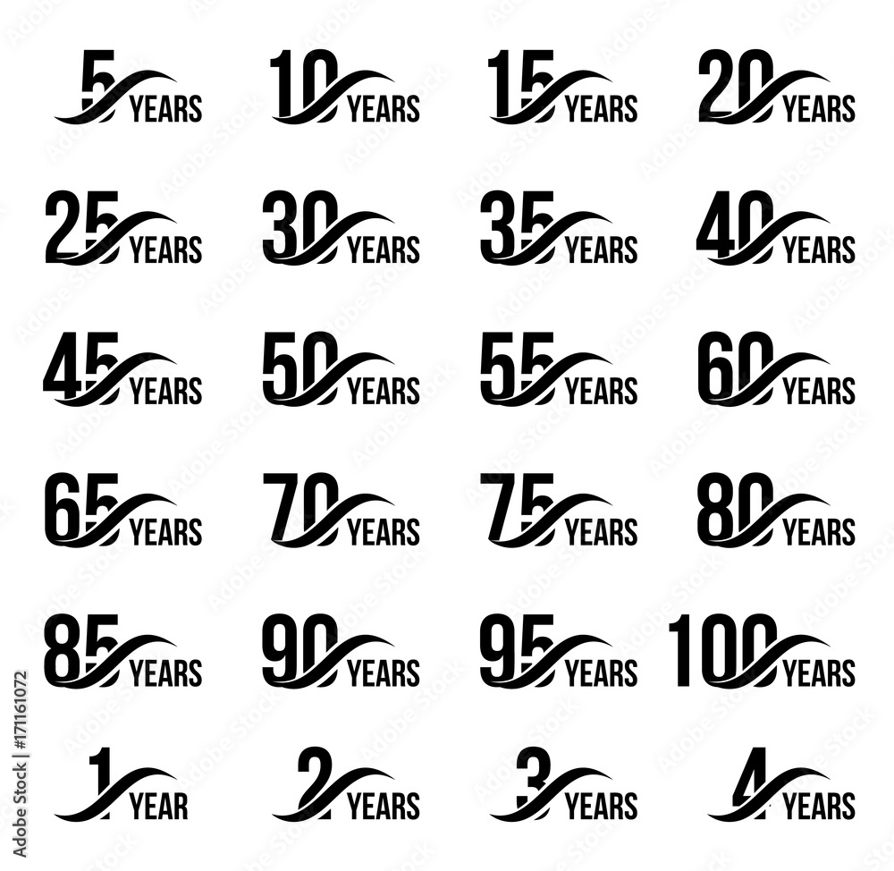 Isolated black color numbers with word years icons collection on white background, birthday anniversary greeting card elements set vector illustration - obrazy, fototapety, plakaty 