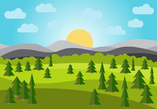 Vector Landscape With Field, Trees And Mountains. Early Morning With The Rising Of The Sun On The Horizon. Vector Illustration.
