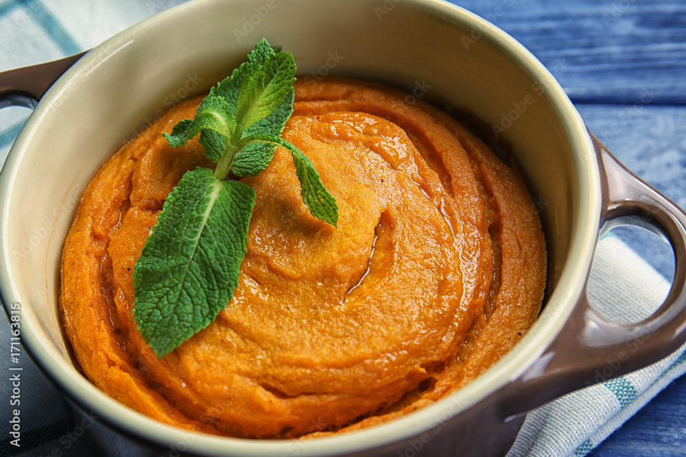 Casserole with tasty carrot souffle, closeup