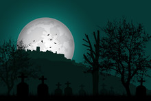 Vector Illustration Of A Graveyard With Tombstones And Trees In Front Of A  Castle On A Hill Under A Green Night Sky With Shining Moon And Flying Bats