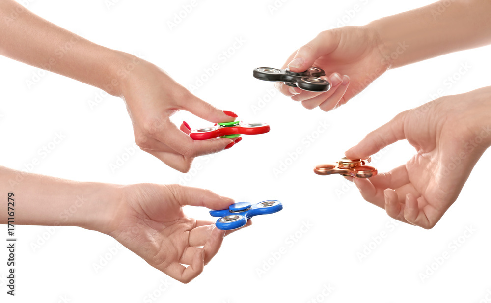People holding different modern spinners, isolated on white