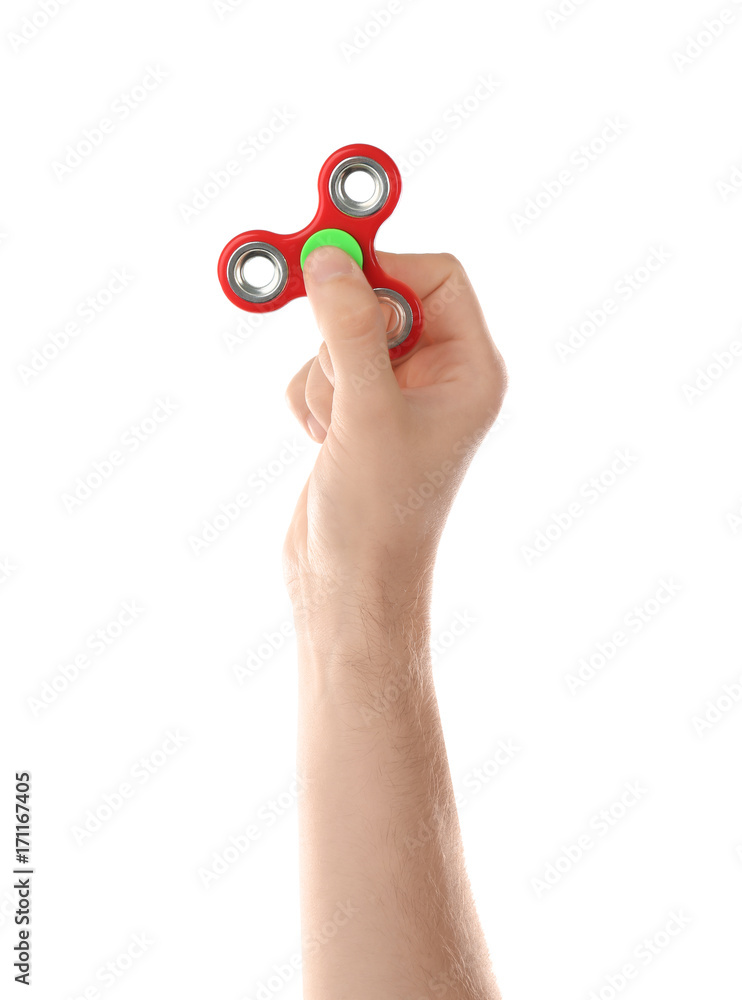 Man holding modern spinner, isolated on white