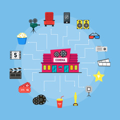 Sticker - Cartoon Cinema Building and Element Movie Concept . Vector