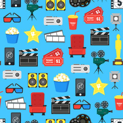 Wall Mural - Cartoon Cinema Color Element Background Pattern on a Blue. Vector