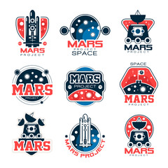 Poster - Mars project labels set, Mars colonization program vector Illustrations