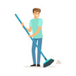Young smiling man sweeping the floor, house husband working at home vector Illustration