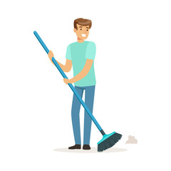 Canvas Print - Young smiling man sweeping the floor, house husband working at home vector Illustration