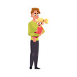 © sabelskaya - Young handsome father, dad holding little daughter in arms, cartoon vector illustration isolated on white background. Cartoon style portrait of young father holding his little kid, daughter in arms