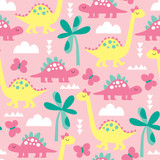 Fototapeta Dinusie - seamless pink dinosaur animal pattern vector illustration